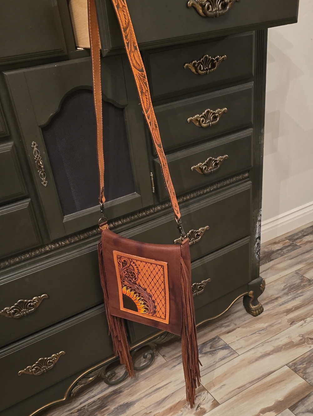 Western Brown Leather Fringe Crossbody with Sunflower Tooled Accent